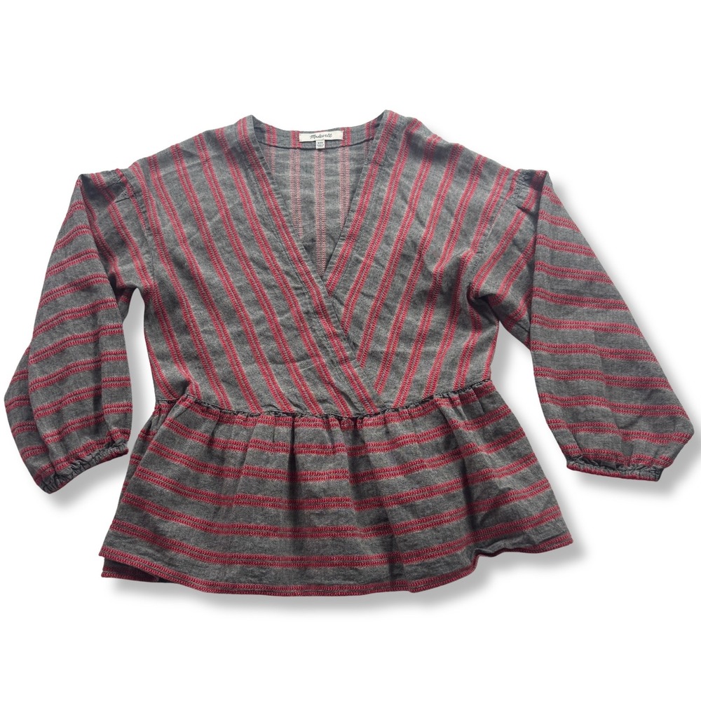 Madewell Peplum Wrap Top Striped V-Neck Casual Boho Women Gray Red XXS
